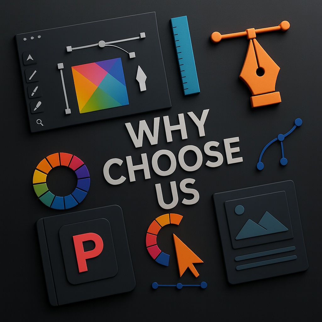 Professional design workspace with promotional product designs